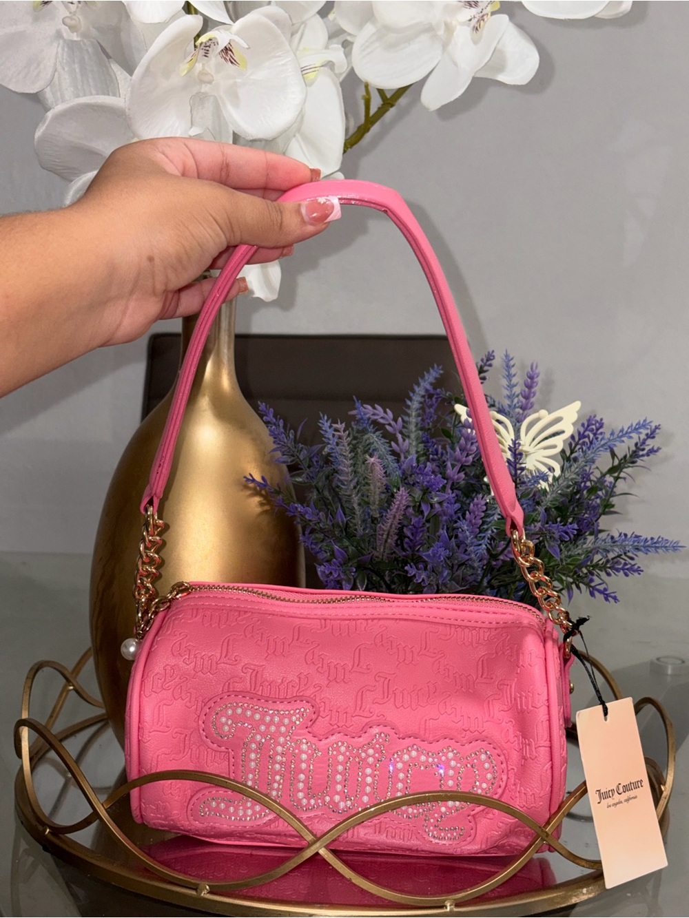 Juicy Couture Pink Embossed Logo Shoulder Bag with Gold Chain